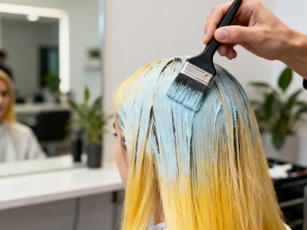 Fryzjerka nakłada chłodny toner na żółtawe blond pasma, aby zneutralizować ciepły odcień i poprawić efekt rozjaśniania.