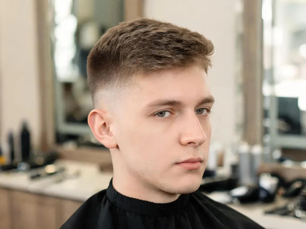 Młody mężczyzna z świeżo ściętą fryzurą low fade w nowoczesnym barbershopie, wyraźnie widoczne boki i tył głowy.